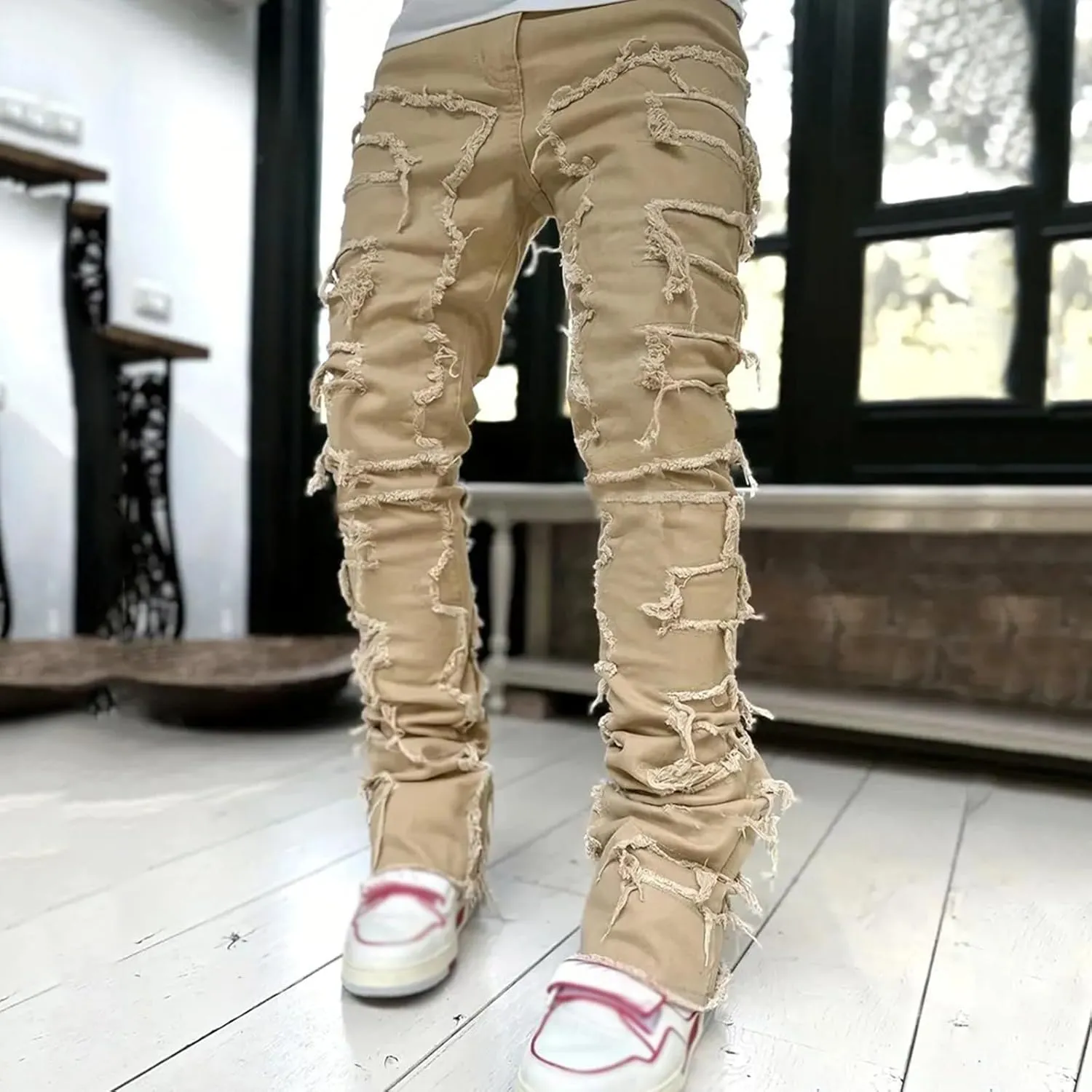 Mens Jeans Relaxed Fit Stretch Mens Black Stacked Jeans Slim Fit Ripped Jeans Destroyed Straight Denim Pants