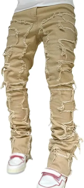 Mens Jeans Slim Fit Stretch Men's Black Stacked Jeans Ripped Jeans Regular Fit Patch Distressed Destroyed Denim