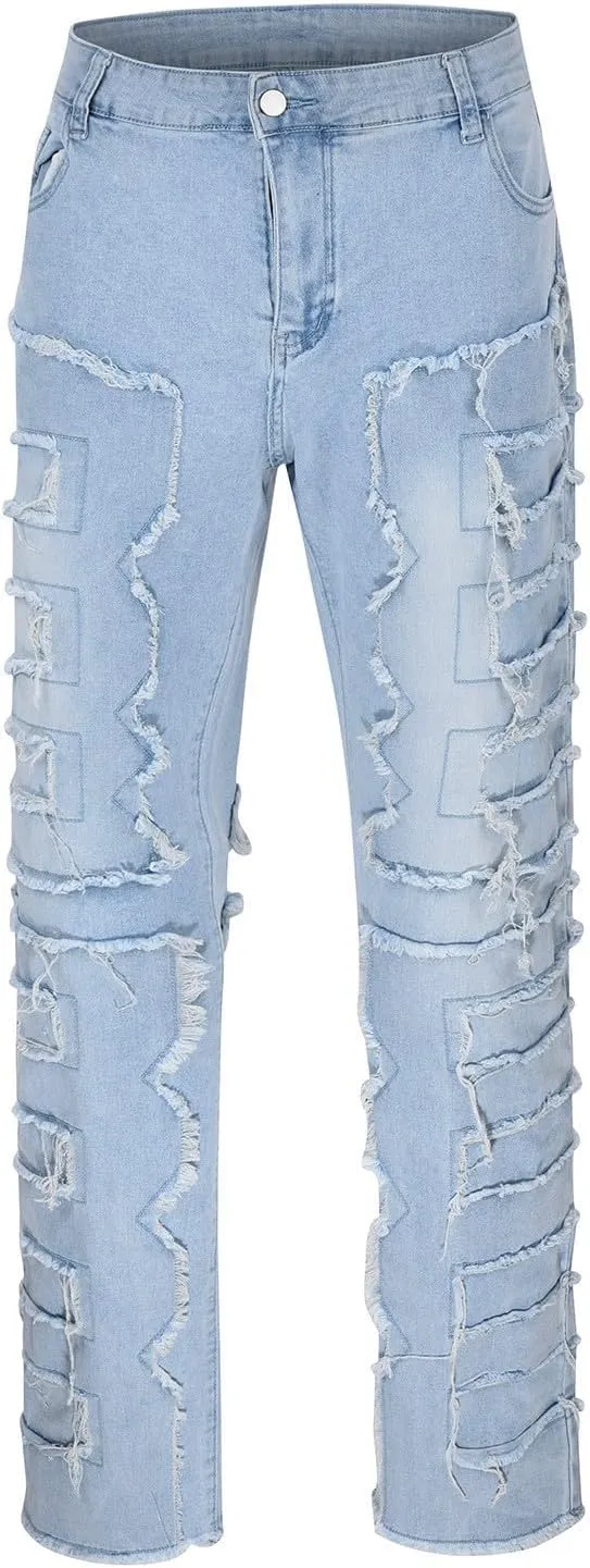 Mens Jeans Slim Fit Stretch Men's Black Stacked Jeans Ripped Jeans Regular Fit Patch Distressed Destroyed Denim