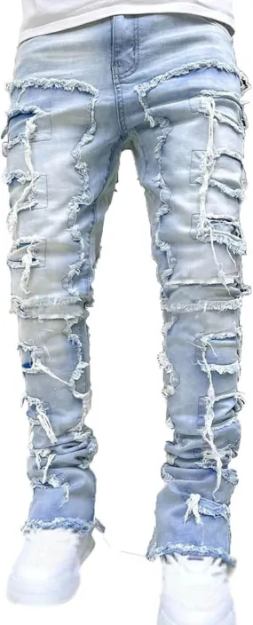 Mens Jeans Slim Fit Stretch Men's Black Stacked Jeans Ripped Jeans Regular Fit Patch Distressed Destroyed Denim