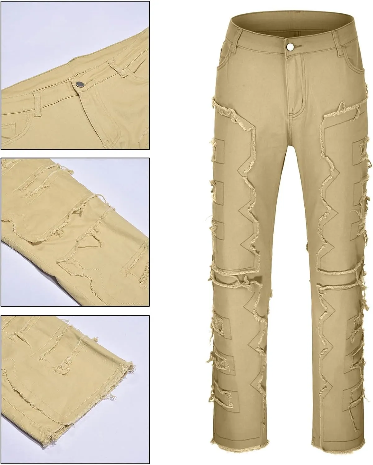 Mens Jeans Slim Fit Stretch Men's Black Stacked Jeans Ripped Jeans Regular Fit Patch Distressed Destroyed Denim