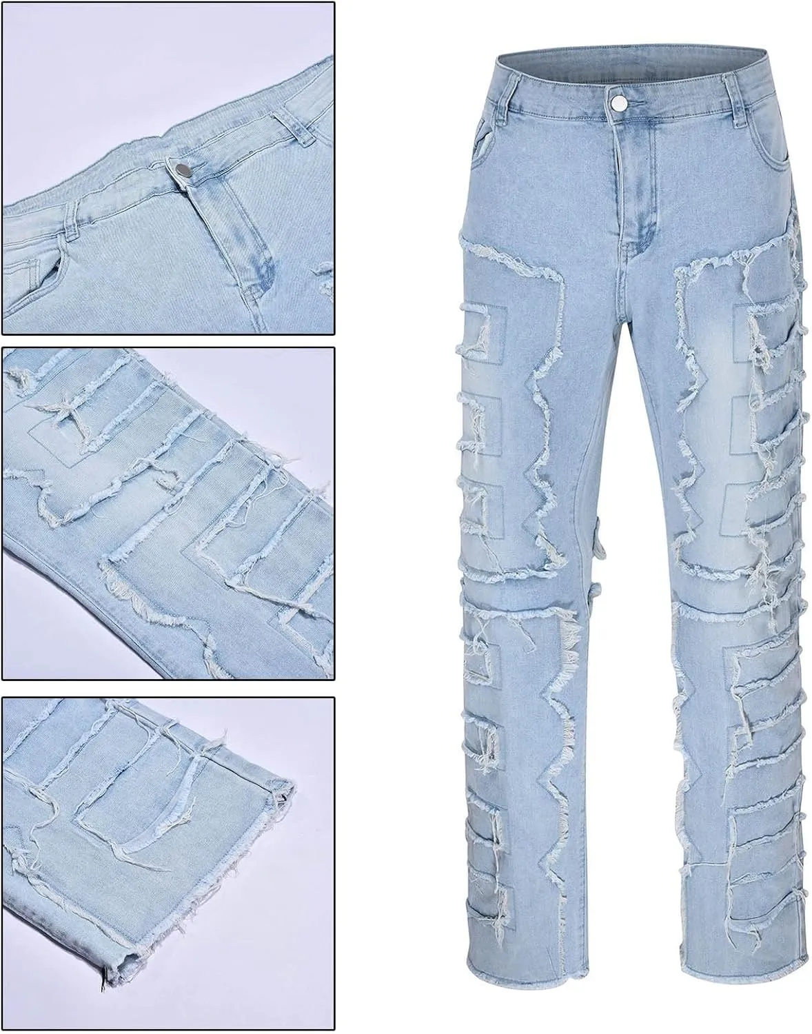 Mens Jeans Slim Fit Stretch Men's Black Stacked Jeans Ripped Jeans Regular Fit Patch Distressed Destroyed Denim
