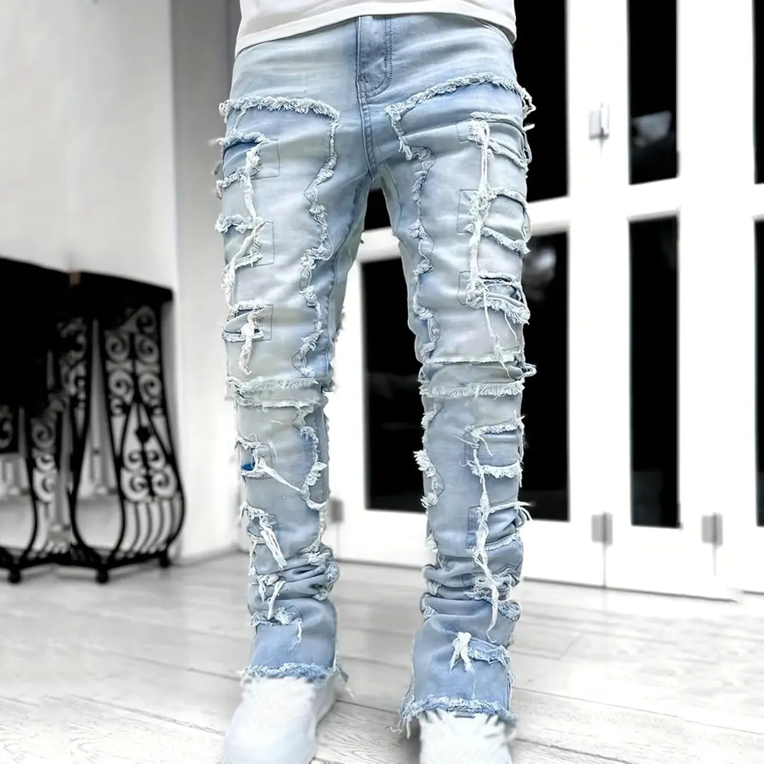 Mens Jeans Slim Fit Stretch Men's Black Stacked Jeans Ripped Jeans Regular Fit Patch Distressed Destroyed Denim