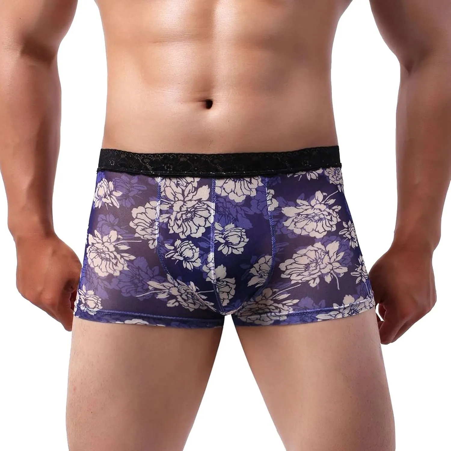 Men's Lace Boxer Briefs Breathable Printed Men's Transparent Underwear See Through Shorts Bulge Pouch Trunk
