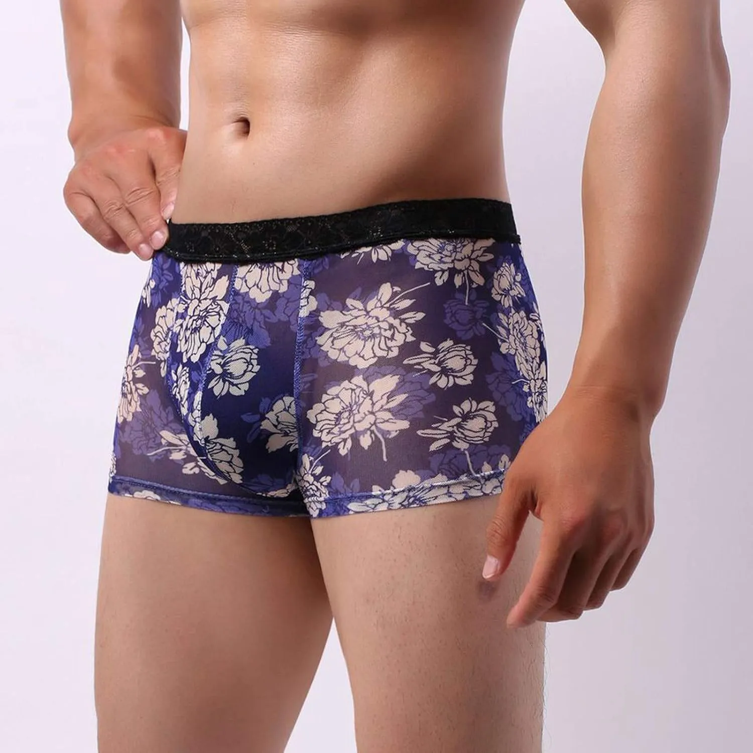 Men's Lace Boxer Briefs Breathable Printed Men's Transparent Underwear See Through Shorts Bulge Pouch Trunk