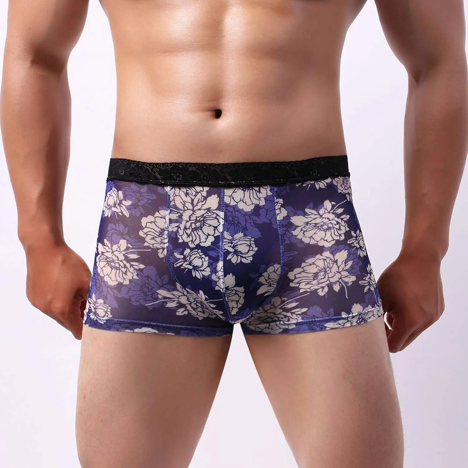 Men's Lace Boxer Briefs Breathable Printed Men's Transparent Underwear See Through Shorts Bulge Pouch Trunk