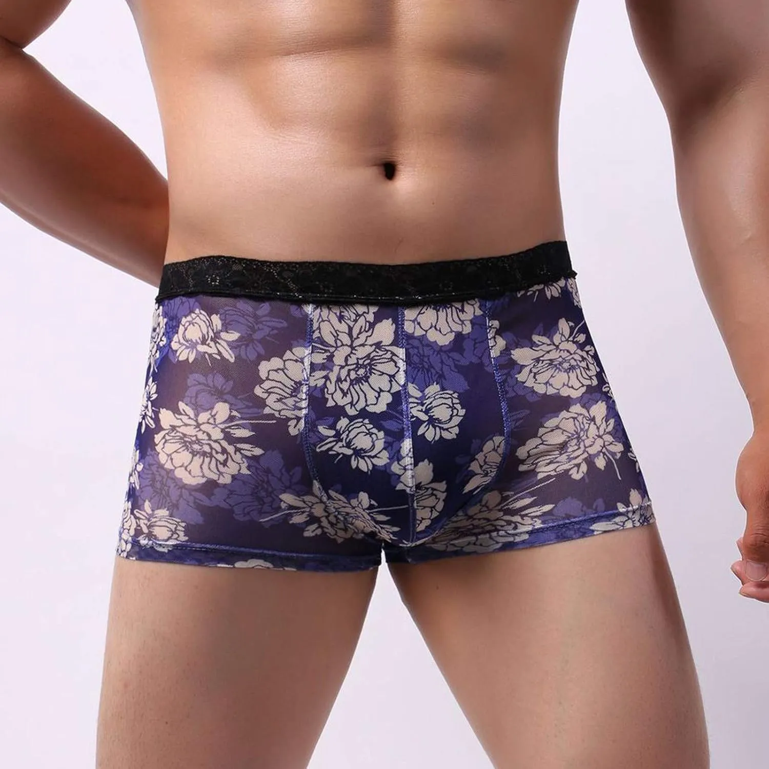 Men's Lace Boxer Briefs Breathable Printed Men's Transparent Underwear See Through Shorts Bulge Pouch Trunk