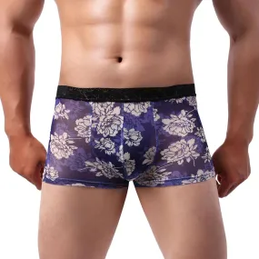 Men's Lace Boxer Briefs Breathable Printed Men's Transparent Underwear See Through Shorts Bulge Pouch Trunk