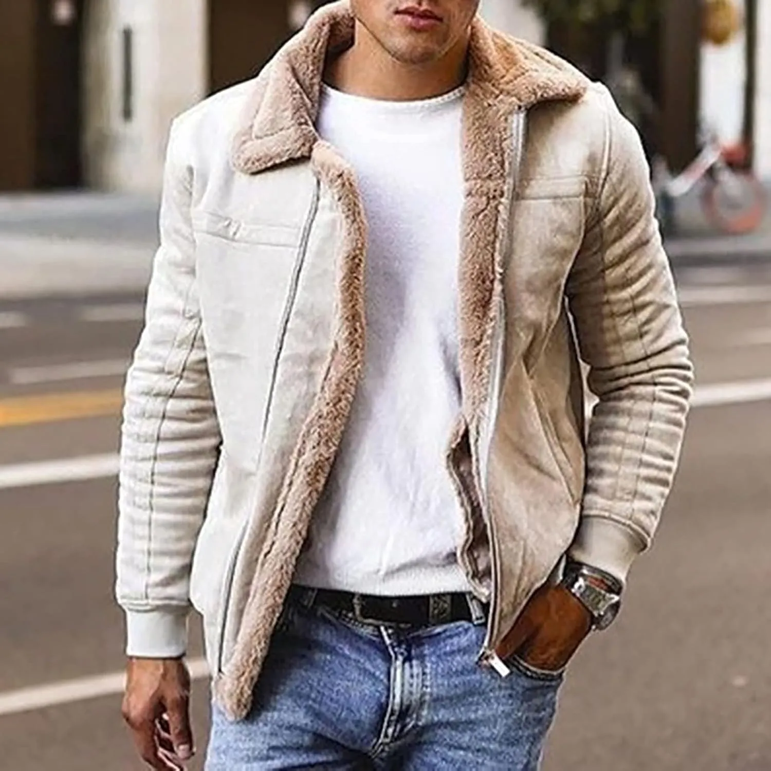 Men's Lamb Wool Bomber Coats Faux Leather Sherpa Fleece Lined Jackets Heavyweight Suede Trench-Coat