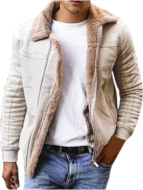 Men's Lamb Wool Bomber Coats Faux Leather Sherpa Fleece Lined Jackets Heavyweight Suede Trench-Coat