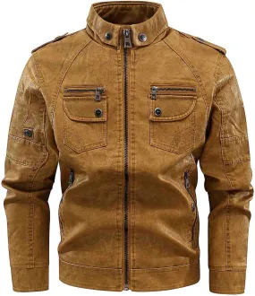 Mens Leather Jacket Stand Collar Moto Jacket Vintage Motorcycle Jacket Zip up Biker Jacket Casual Faux Leather Jacket