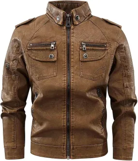 Mens Leather Jacket Stand Collar Moto Jacket Vintage Motorcycle Jacket Zip up Biker Jacket Casual Faux Leather Jacket