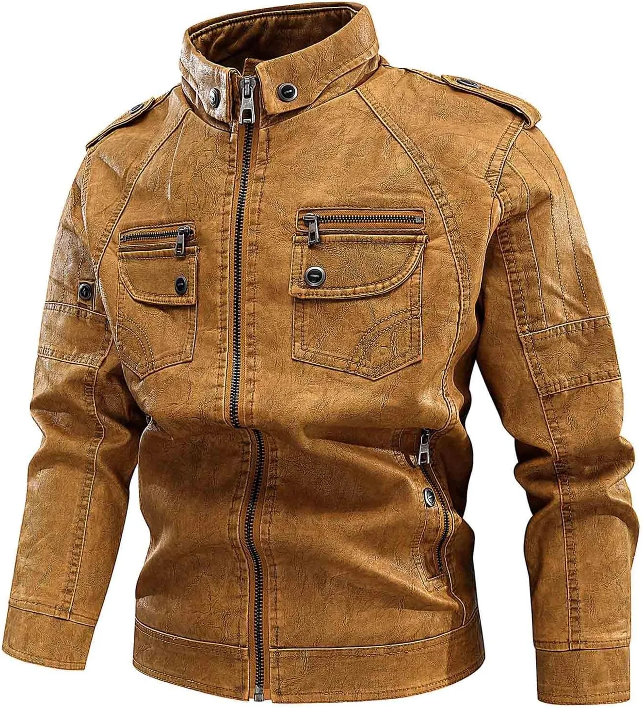 Mens Leather Jacket Stand Collar Moto Jacket Vintage Motorcycle Jacket Zip up Biker Jacket Casual Faux Leather Jacket