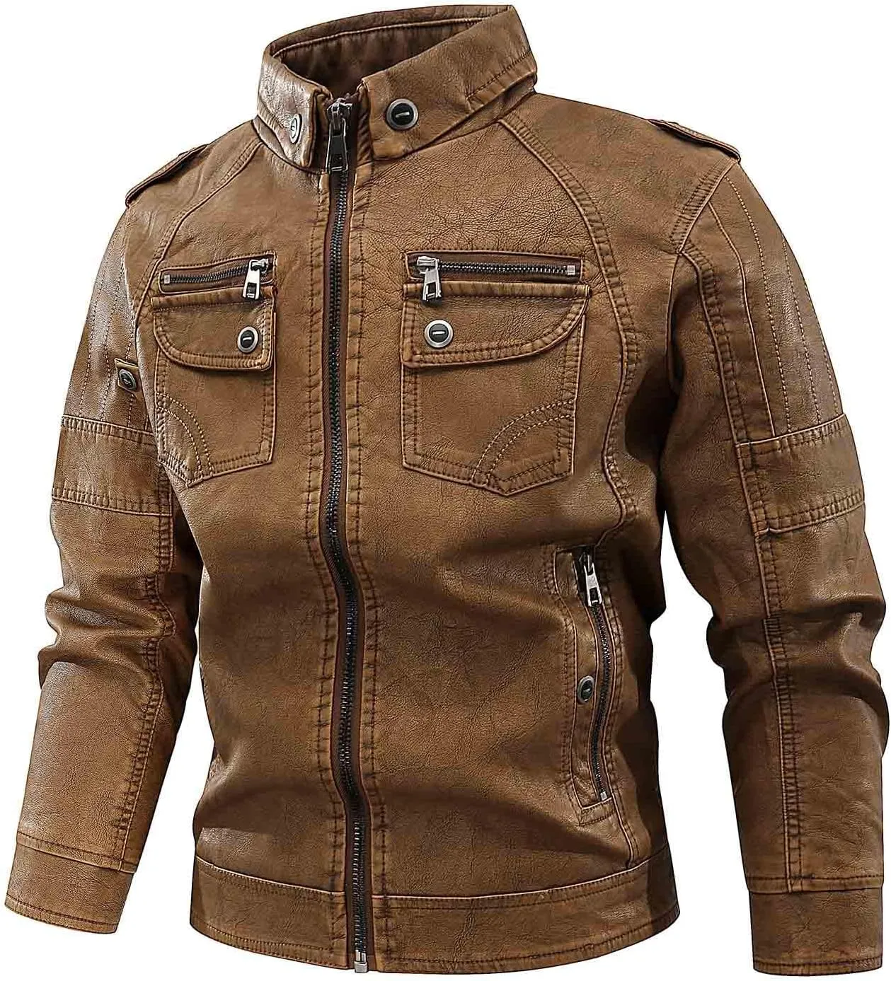 Mens Leather Jacket Stand Collar Moto Jacket Vintage Motorcycle Jacket Zip up Biker Jacket Casual Faux Leather Jacket