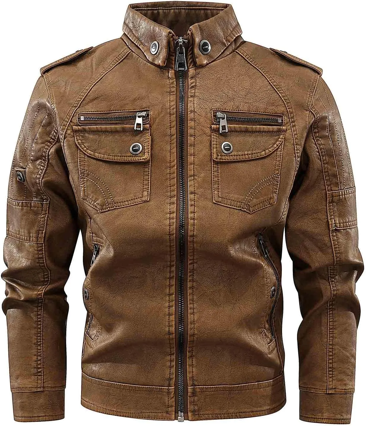 Mens Leather Jacket Stand Collar Moto Jacket Vintage Motorcycle Jacket Zip up Biker Jacket Casual Faux Leather Jacket