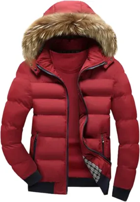 Men's Lightweight Puffer Jacket with Fur Hood Color Block Down Jacket Zip up Padded Coat Casual Warm Winter Outwear