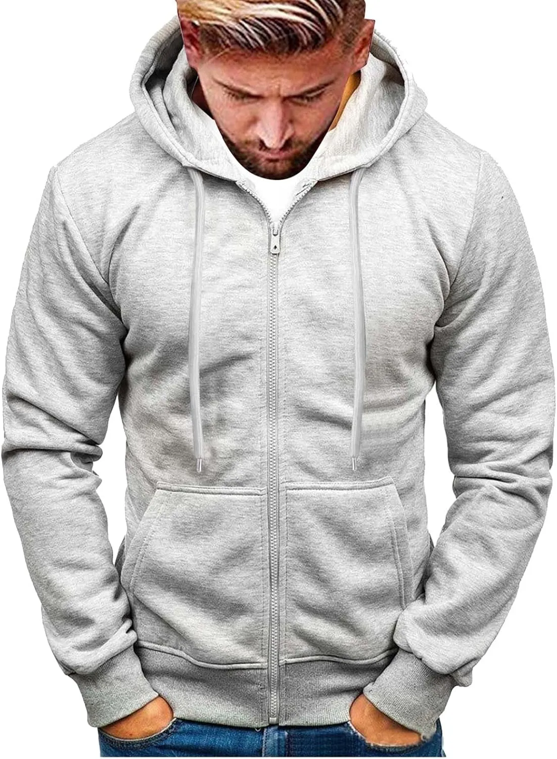 Mens Lightweight Zip Up Hoodie Drop Shoulder Long Sleeve Oversized Jacket Teens Trendy Fashion Athletic Fleece Tops