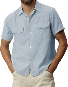 Men's Linen Button Down Shirts Casual Short Sleeve Cuban Camp Guayabera T Shirt Summer Beach Tops with Pockets