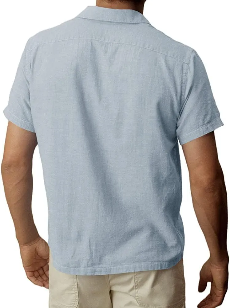 Men's Linen Button Down Shirts Casual Short Sleeve Cuban Camp Guayabera T Shirt Summer Beach Tops with Pockets