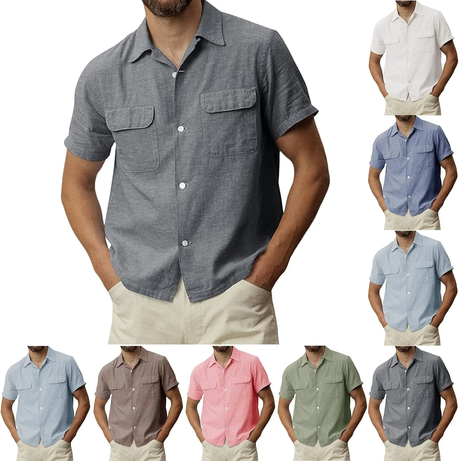 Men's Linen Button Down Shirts Casual Short Sleeve Cuban Camp Guayabera T Shirt Summer Beach Tops with Pockets