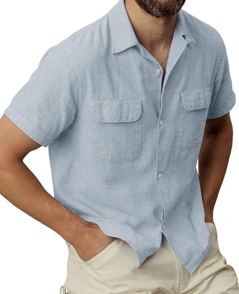 Men's Linen Button Down Shirts Casual Short Sleeve Cuban Camp Guayabera T Shirt Summer Beach Tops with Pockets