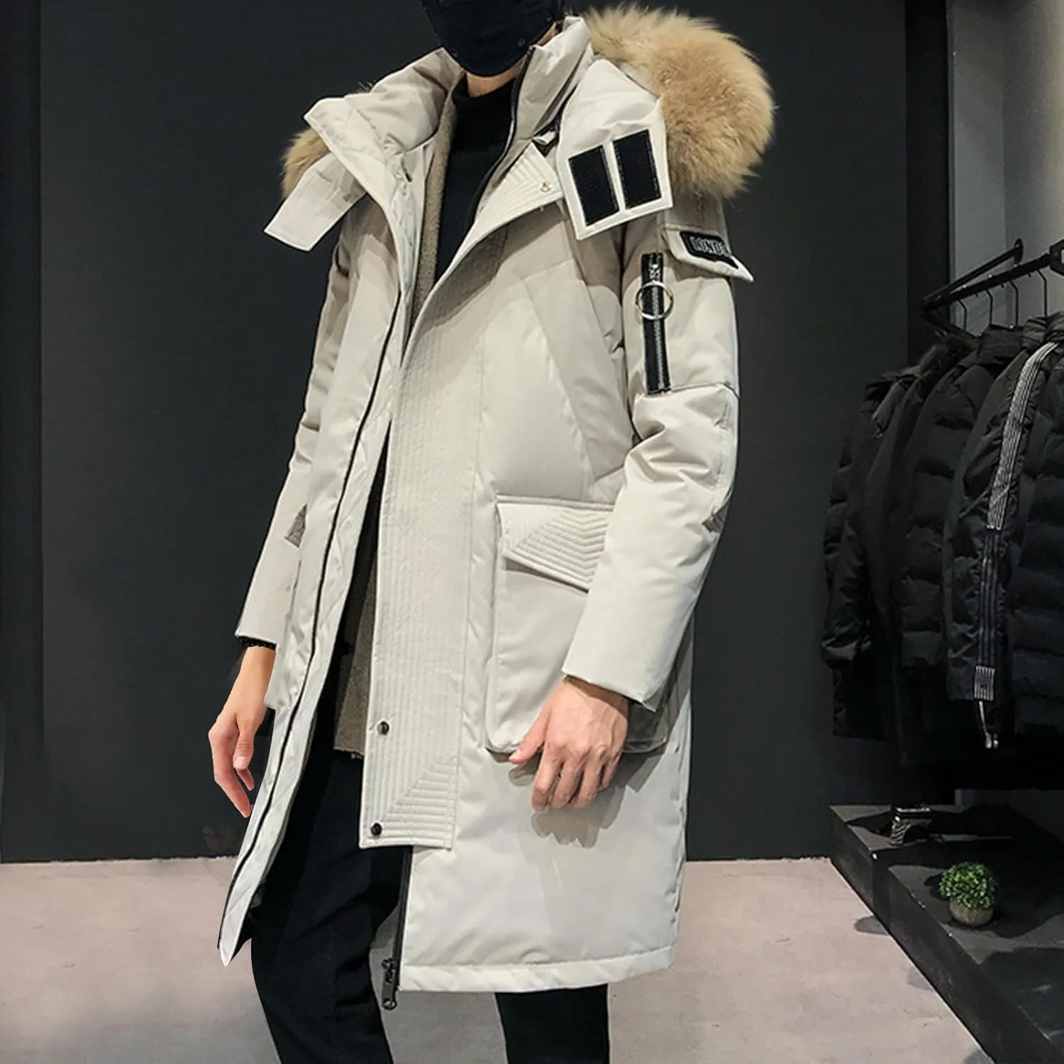 Mens Long Puffer Jacket Windbreaker Parka Water Resistant Down Coat Fur Hood Winter Coat Warm Overcoat Thermal Outwear