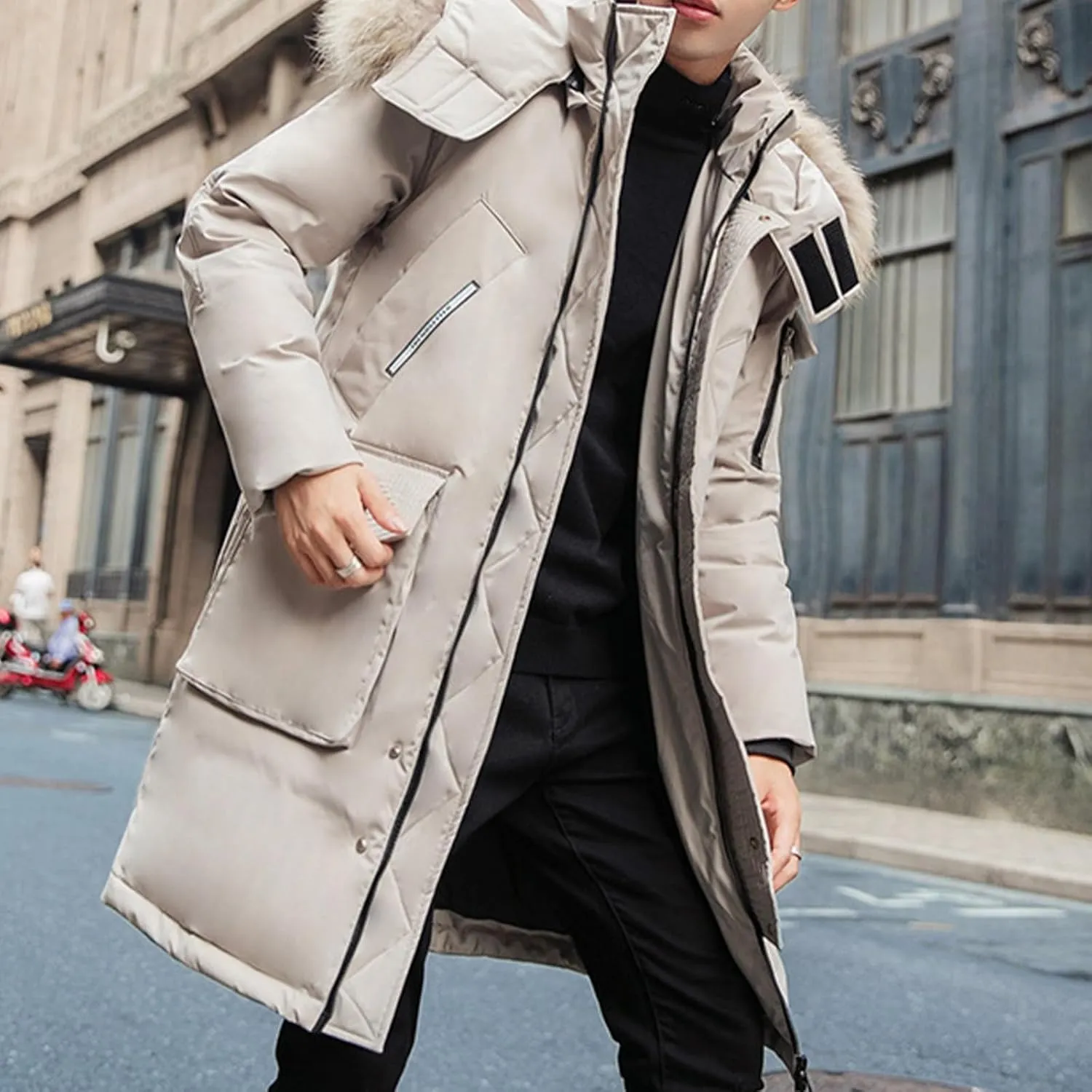 Mens Long Puffer Jacket Windbreaker Parka Water Resistant Down Coat Fur Hood Winter Coat Warm Overcoat Thermal Outwear