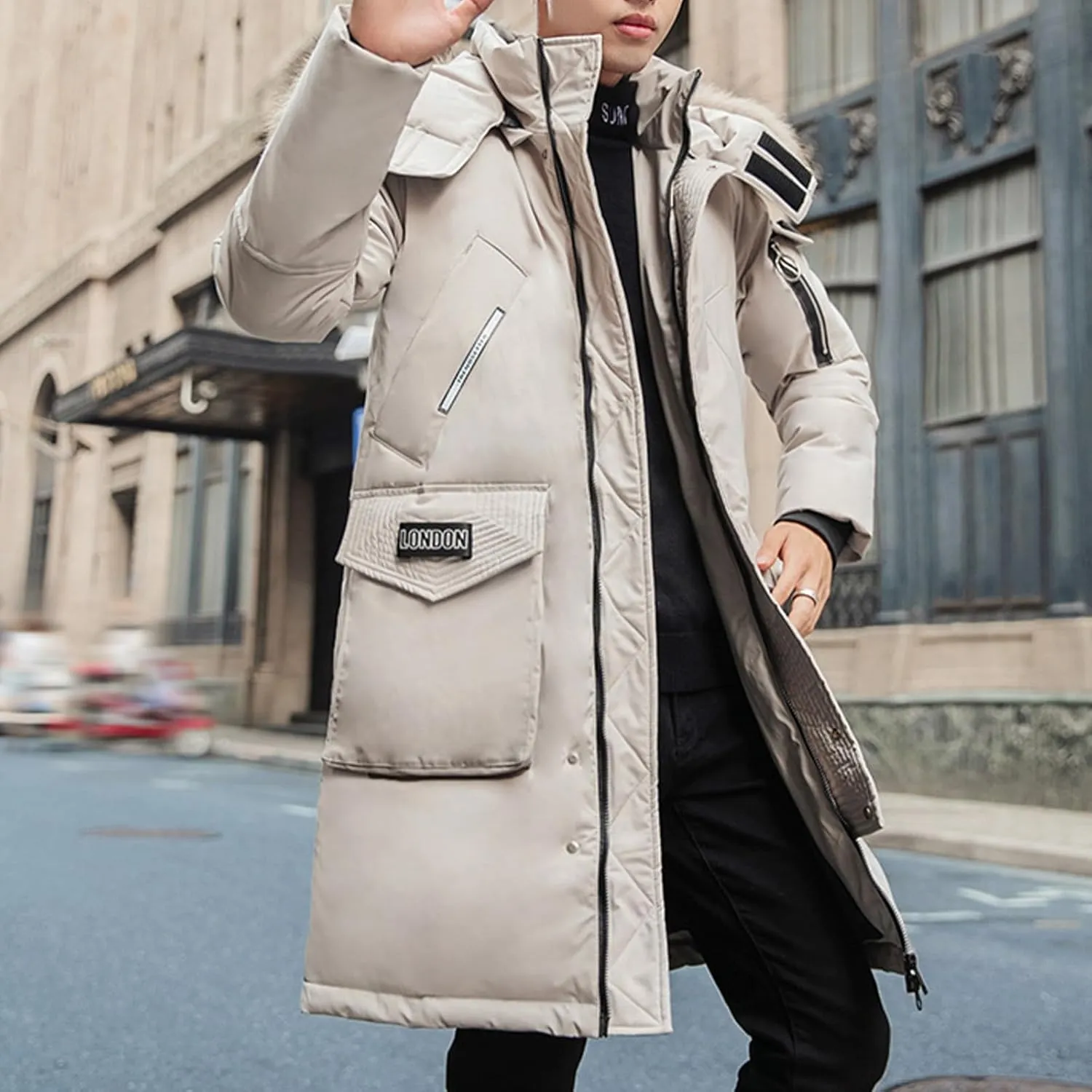 Mens Long Puffer Jacket Windbreaker Parka Water Resistant Down Coat Fur Hood Winter Coat Warm Overcoat Thermal Outwear
