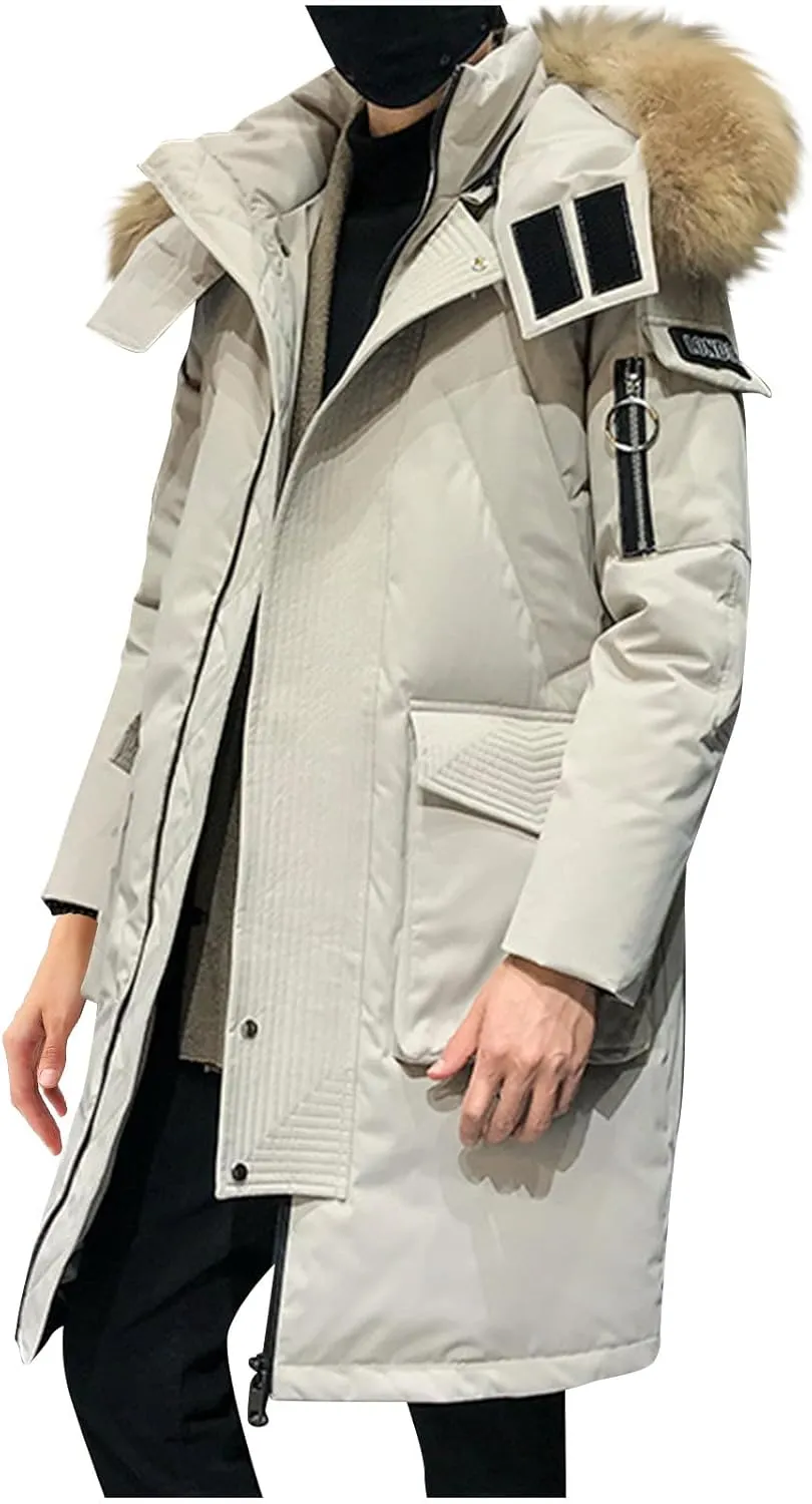 Mens Long Puffer Jacket Windbreaker Parka Water Resistant Down Coat Fur Hood Winter Coat Warm Overcoat Thermal Outwear
