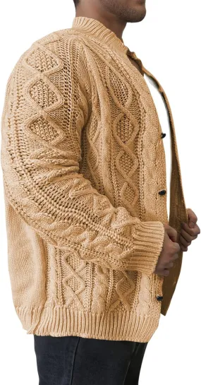 Mens Long Sleeve Stand Collar Cardigan Sweaters Button Down Cable Knitted Sweater Solid Wool Knitted Sweater Cardigan