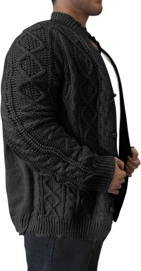 Mens Long Sleeve Stand Collar Cardigan Sweaters Button Down Cable Knitted Sweater Solid Wool Knitted Sweater Cardigan