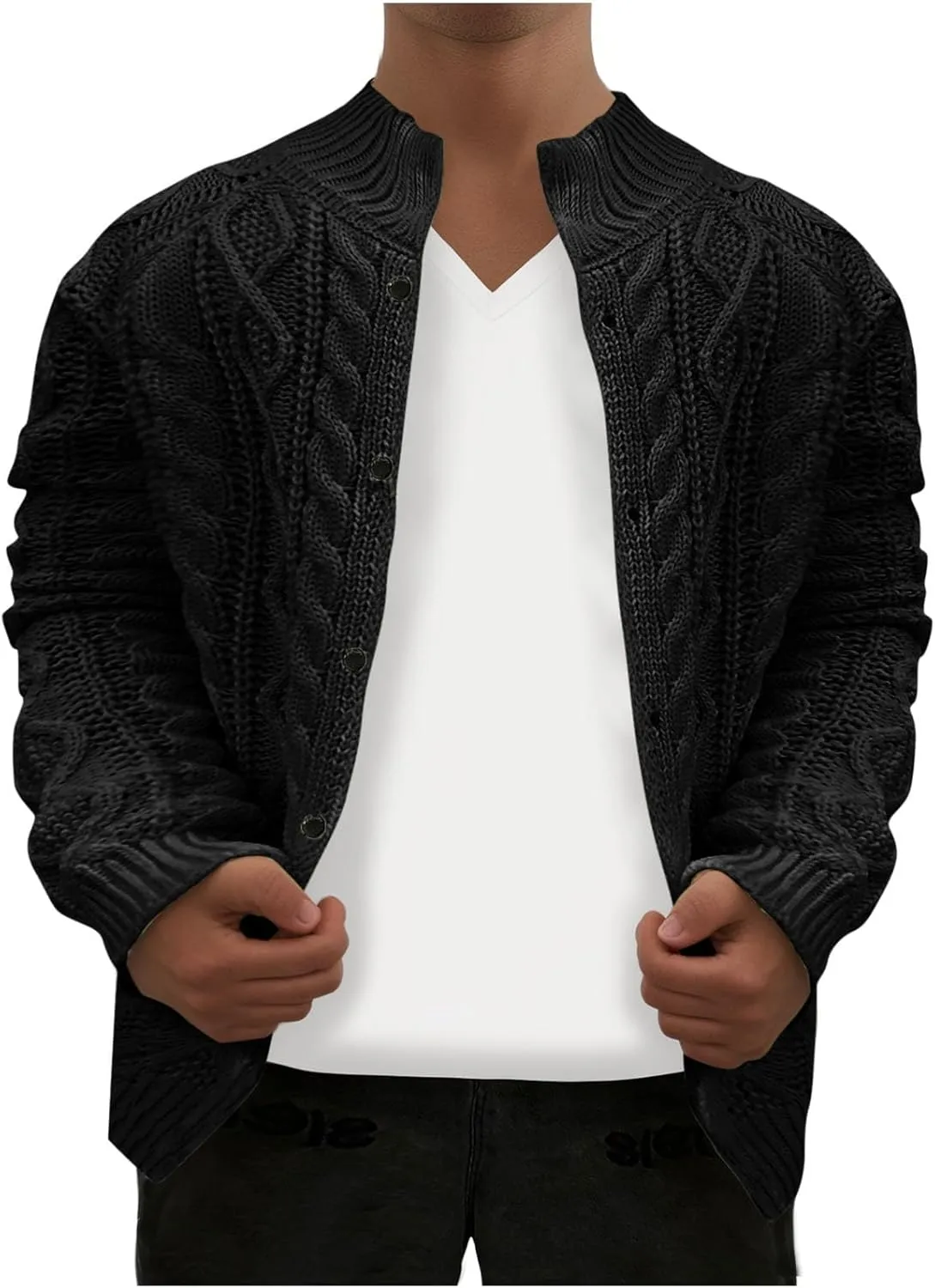 Mens Long Sleeve Stand Collar Cardigan Sweaters Button Down Cable Knitted Sweater Solid Wool Knitted Sweater Cardigan