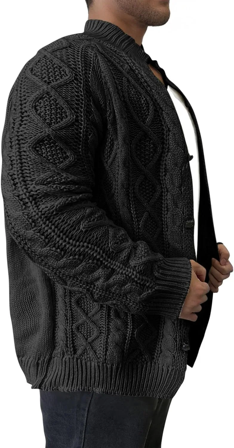 Mens Long Sleeve Stand Collar Cardigan Sweaters Button Down Cable Knitted Sweater Solid Wool Knitted Sweater Cardigan
