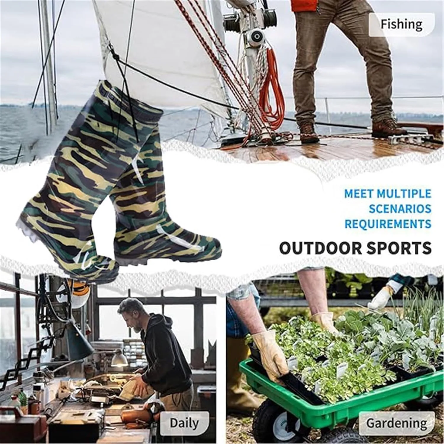 Men's Outdoor Anti-Skid Camouflage High Barrel Waterproof Rubber Rain Boots, Spring Summer Breathable Quick Wicking Fishing Garden Rain Boots, for Yard Farm Outdoor Work