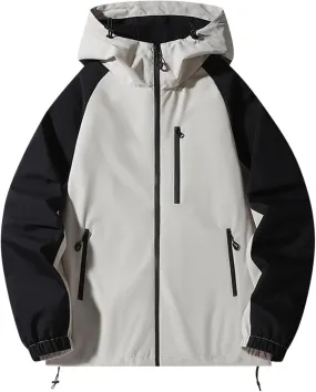 Mens Outdoor Hiking Trench Coat Color Block Windproof Hooded Jacket Breathable Athletic Running Mountaineering Suit