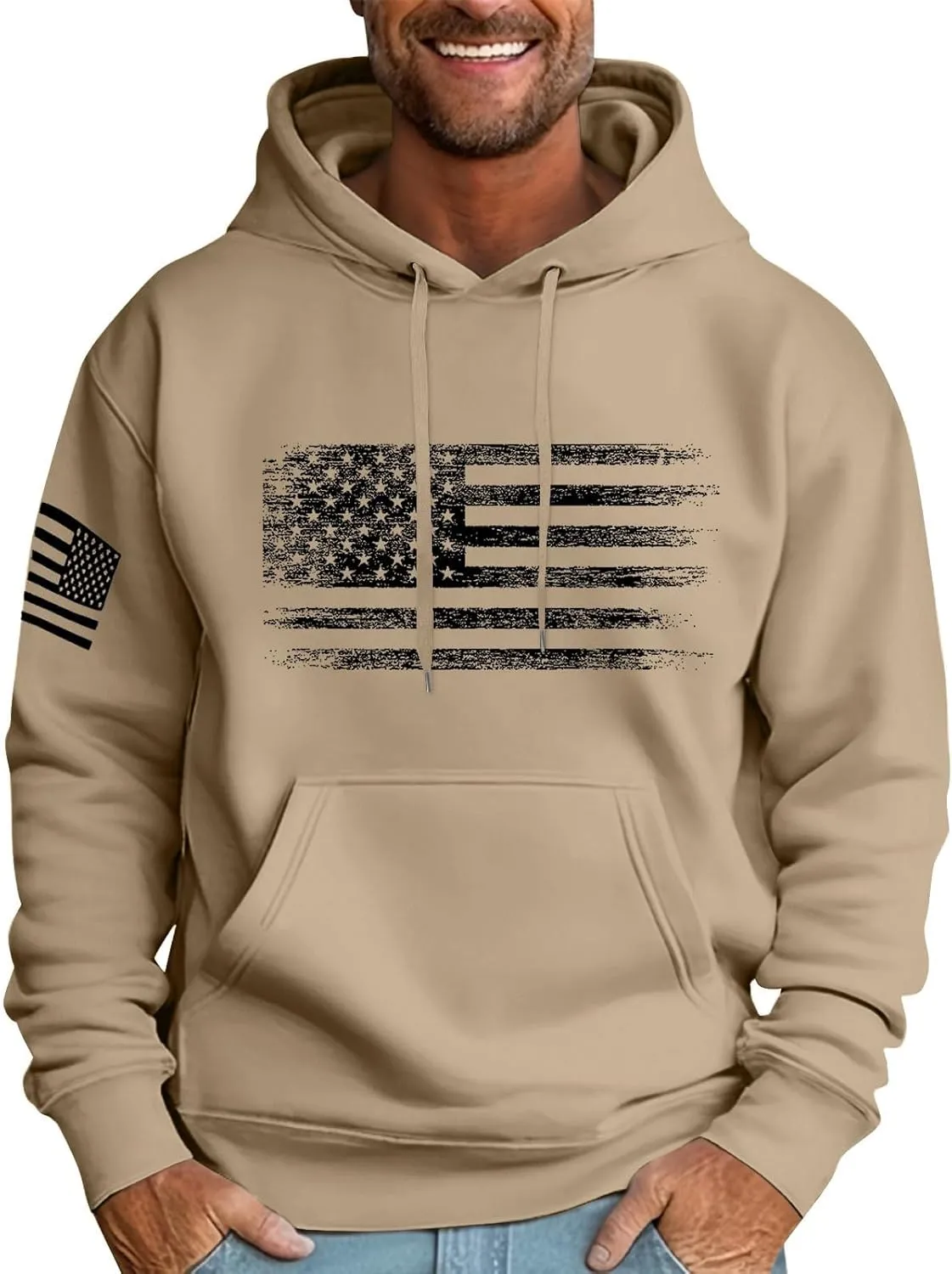 Men's Patriotic Hoodies USA Flag Print Hoodie Big and Tall Patriotic Graphic Long Sleeve Sweatshirt with Kangro Pocket