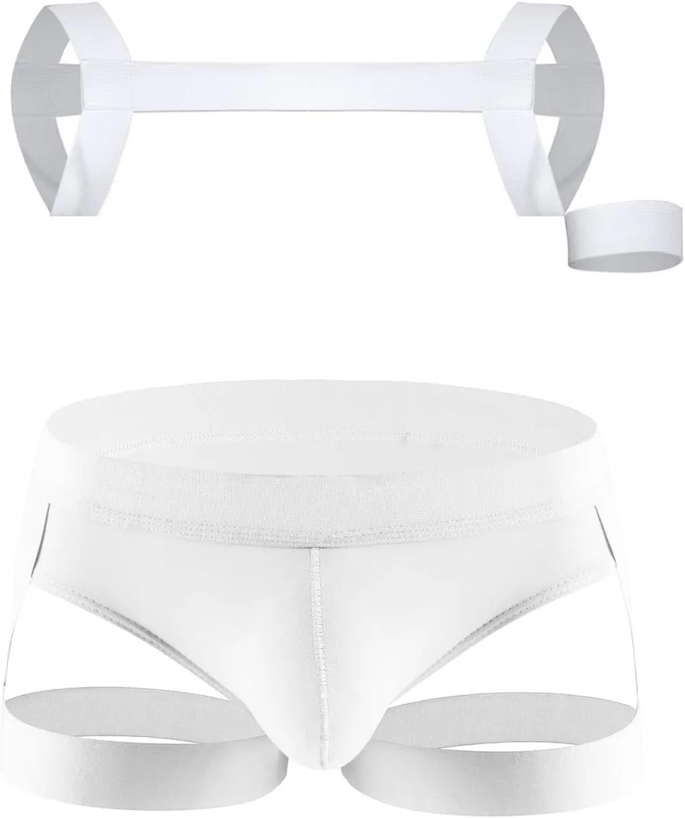 Men's Sissy Lace Panties Sexy Elastic Body Chest Harness Jockstrap Lingerie Set With Garter Thong Underwear G-String