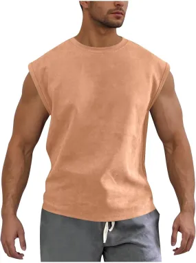 Men's Suede Tank Top Sports Pullover Round Neck Fitness Gym Running Athletic Sleeveless Tops Bodybuilding Muscle