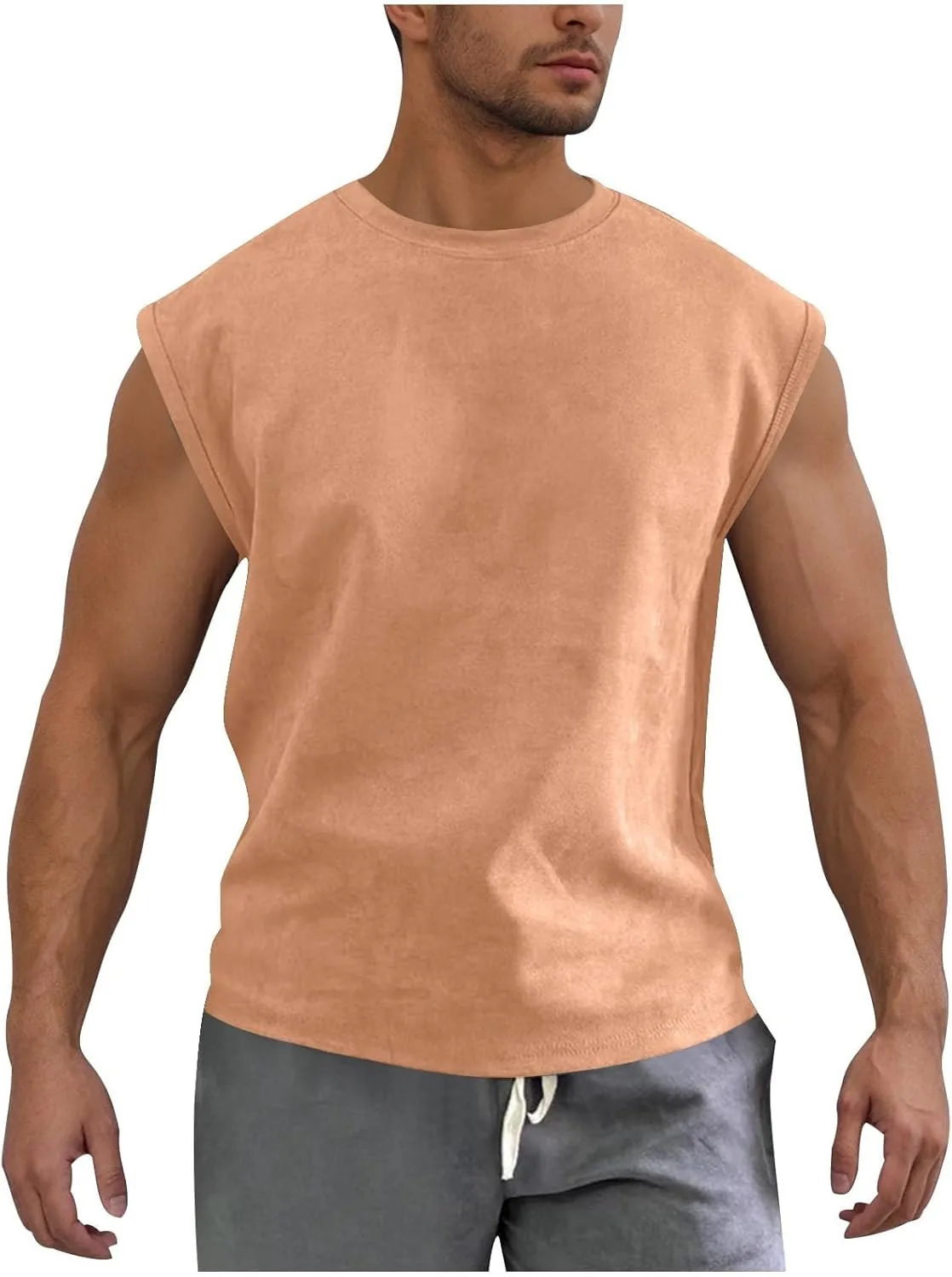 Men's Suede Tank Top Sports Pullover Round Neck Fitness Gym Running Athletic Sleeveless Tops Bodybuilding Muscle