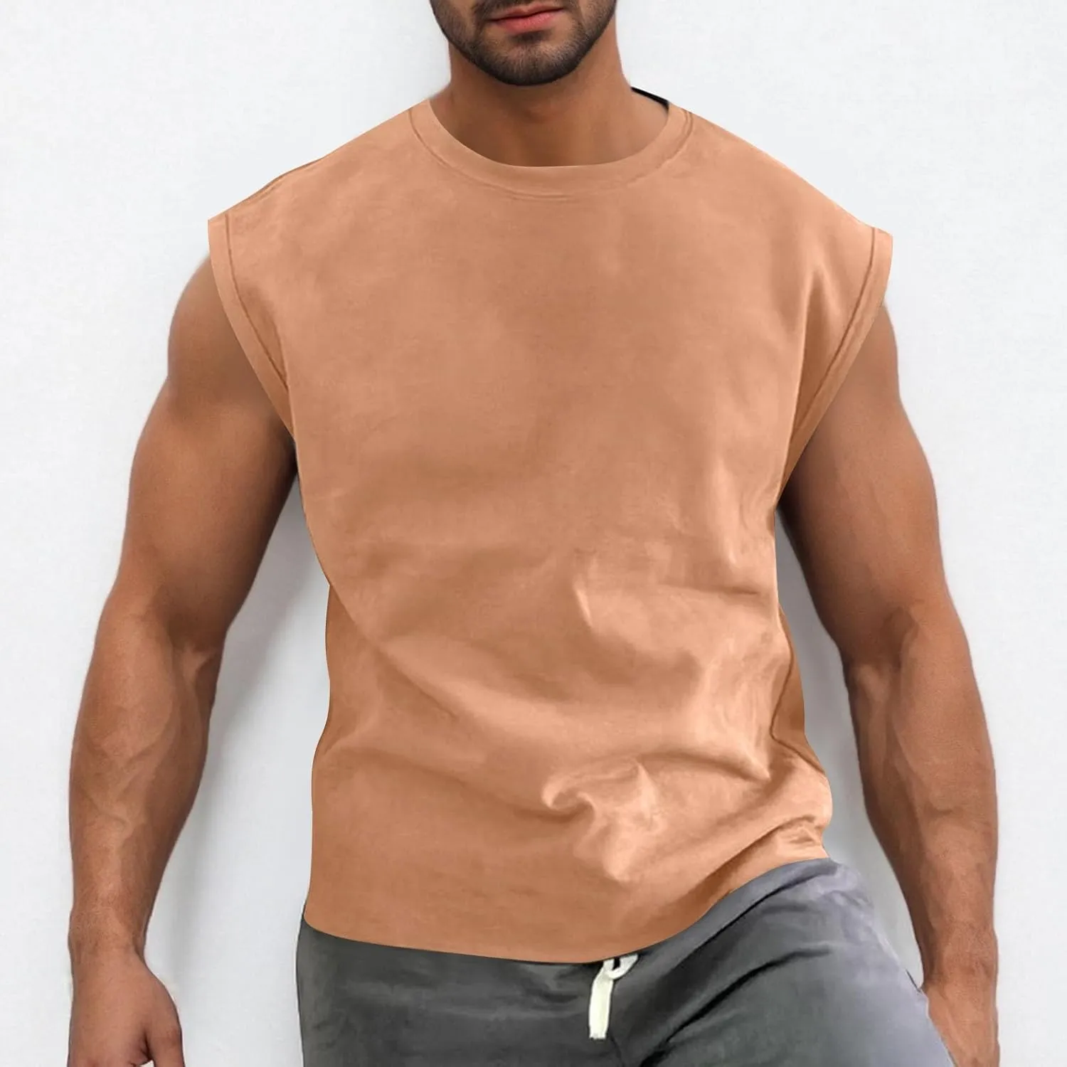 Men's Suede Tank Top Sports Pullover Round Neck Fitness Gym Running Athletic Sleeveless Tops Bodybuilding Muscle