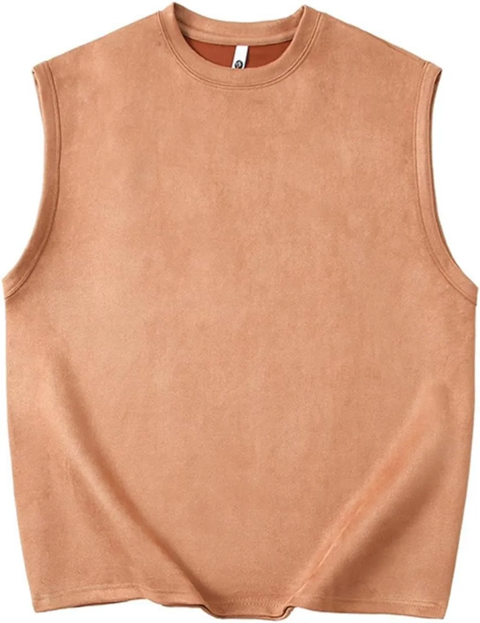 Men's Suede Tank Top Sports Pullover Round Neck Fitness Gym Running Athletic Sleeveless Tops Bodybuilding Muscle