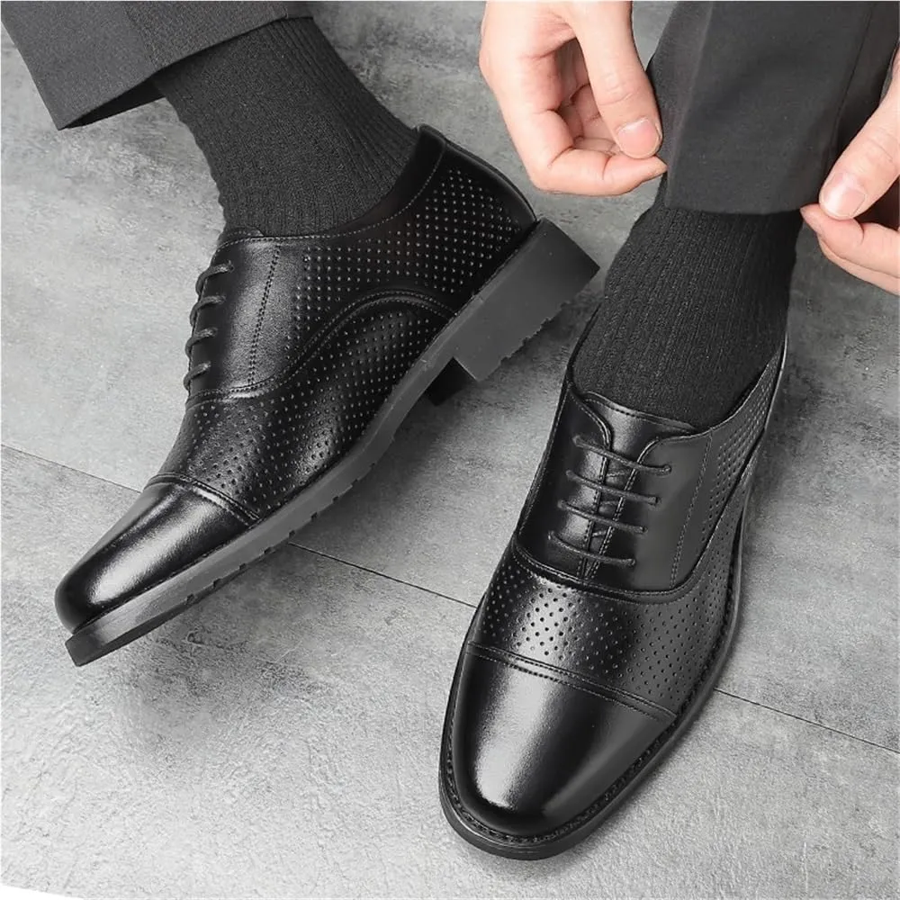 Men's Summer Business Dress Shoes Soft Sole Black Hollow Out Casual British Square Toe Leather Shoes Mens Formal Shoes(9)