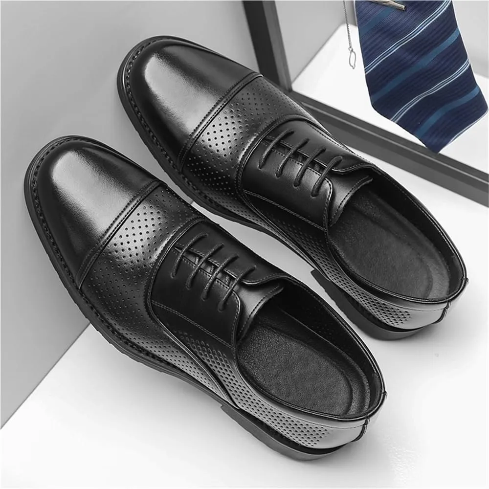 Men's Summer Business Dress Shoes Soft Sole Black Hollow Out Casual British Square Toe Leather Shoes Mens Formal Shoes(9)