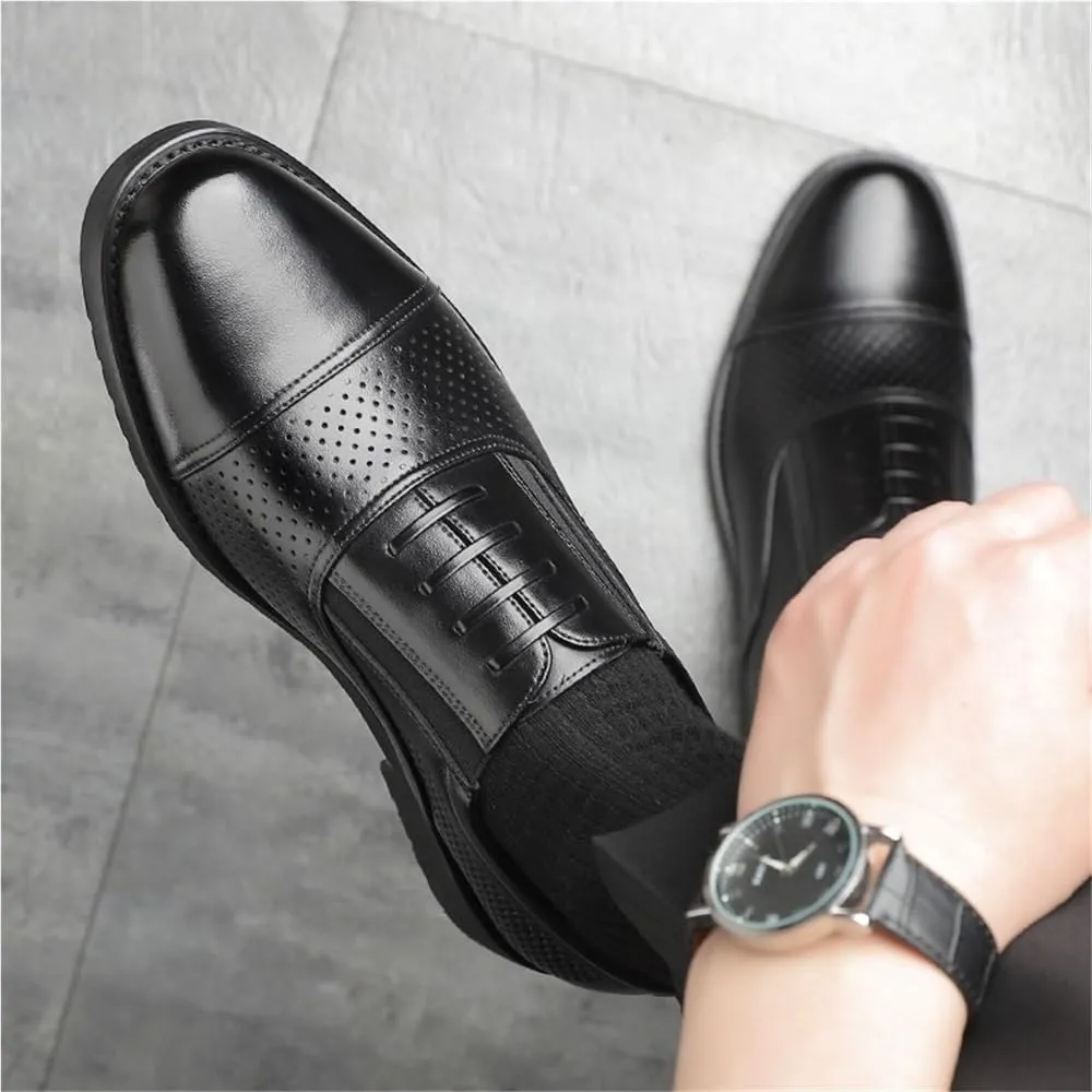 Men's Summer Business Dress Shoes Soft Sole Black Hollow Out Casual British Square Toe Leather Shoes Mens Formal Shoes(9)