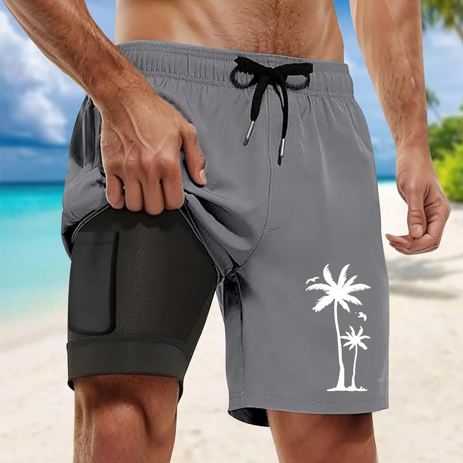 Mens Swim Trunks Quick Dry Bathing Suit with Compression Liner 5.5" Inseam Coconut Tree Print Beach Swim Shorts
