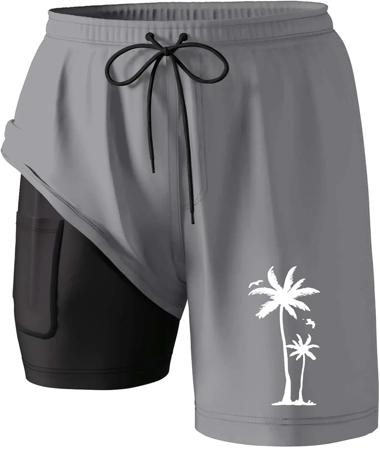 Mens Swim Trunks Quick Dry Bathing Suit with Compression Liner 5.5" Inseam Coconut Tree Print Beach Swim Shorts