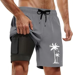 Mens Swim Trunks Quick Dry Bathing Suit with Compression Liner 5.5" Inseam Coconut Tree Print Beach Swim Shorts