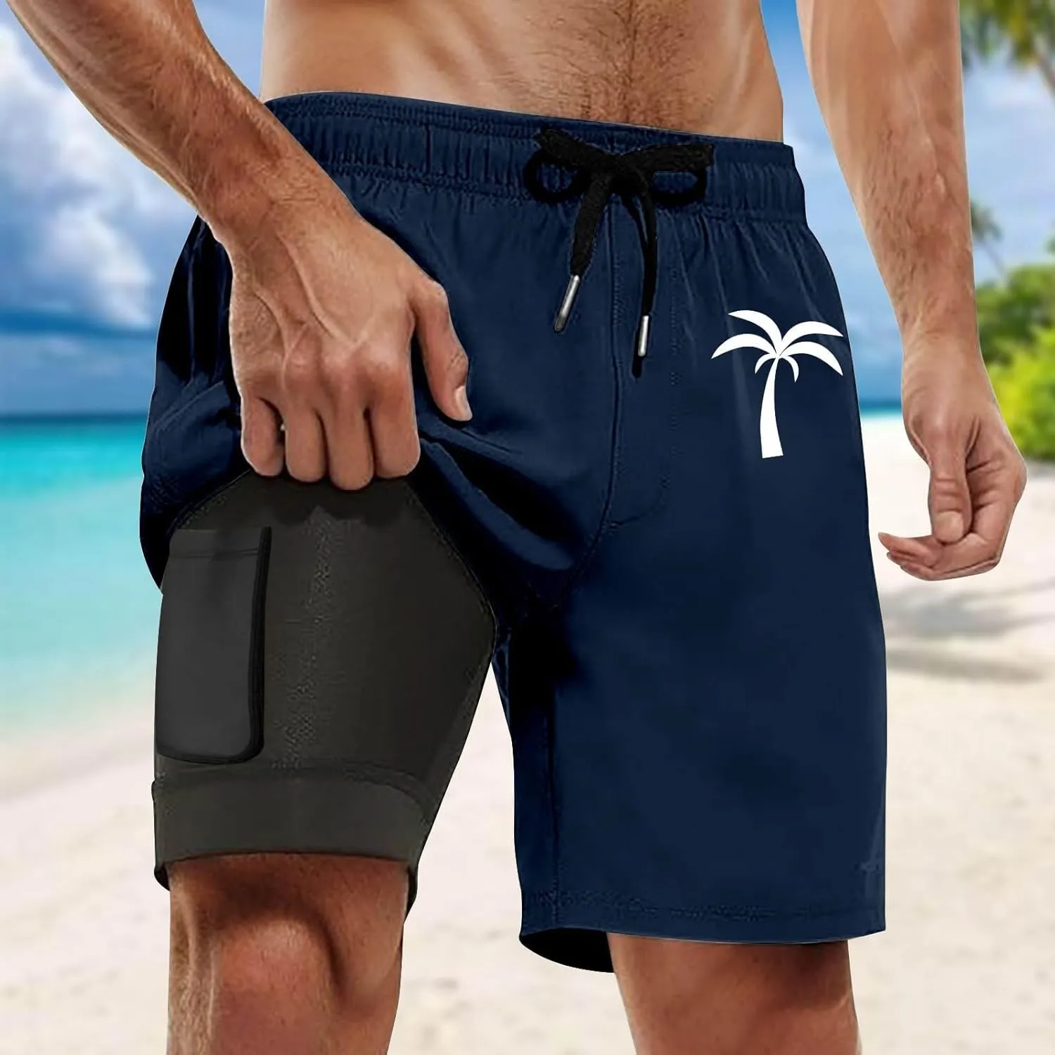 Men's Swim Trunks with Compression Liner 9 Inch Quick Dry Swimsuit Swimming Swim Board Shorts for Men with Pockets