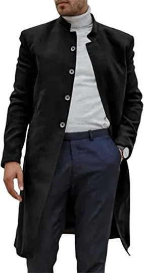 Mens Trench Coat Slim Fit Stand Collar Mid Length Overcoat Windproof Wool Blend Peacoat Single Breasted Jackets Fall Winter