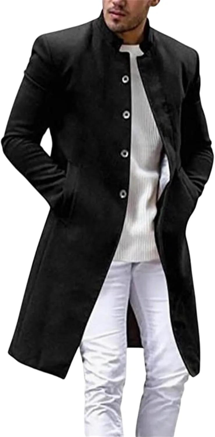 Mens Trench Coat Slim Fit Stand Collar Mid Length Overcoat Windproof Wool Blend Peacoat Single Breasted Jackets Fall Winter